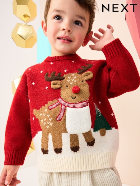 Bright Red Reindeer Knitted Christmas Jumper (3mths-7yrs) (F22654) | €24 - €26