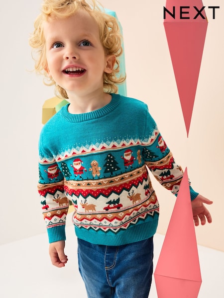 Teal Blue Fairisle Knitted Christmas Jumper (3mths-7yrs) (F22657) | €20 - €22