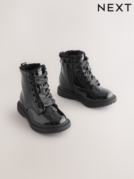 Black Patent Sparkle Wide Fit (G) Lace-Up Ankle Boots (F22722) | €39 - €45