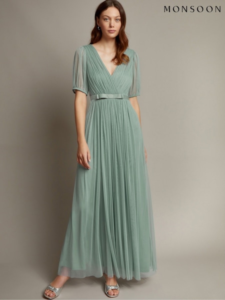 ירוק - Monsoon Ellie Sheer Sleeve Plunge Tulle Maxi Dress (F22752) | ‏629‏₪
