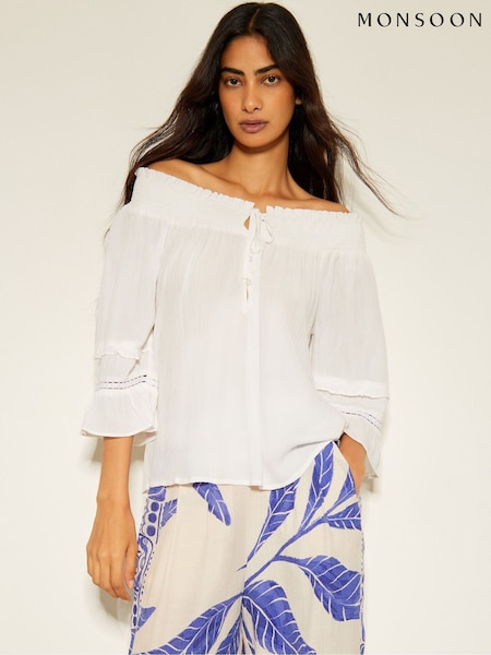 Monsoon White Ava Off The Shoulder Smock Top (F22763) | ₪226