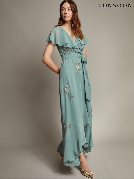 ירוק - Monsoon Ausha Floral Embellished Maxi Wrap Dress (F22766) | ‏754‏₪