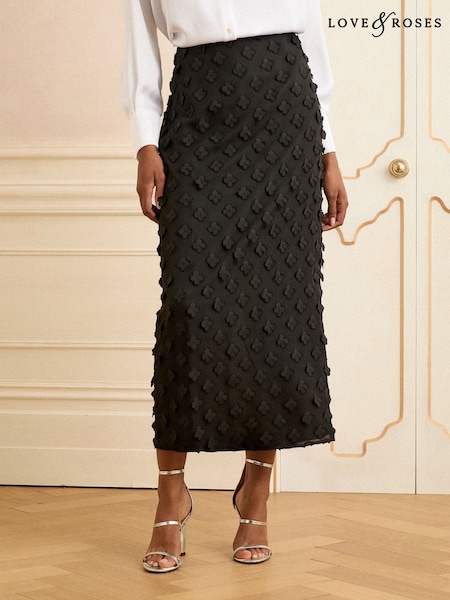 Love & Roses Black Petite 3D Floral Midi Skirt (F22874) | €50