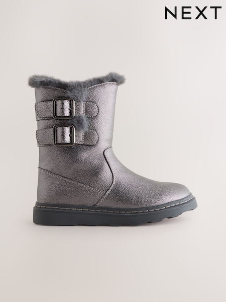 Pewter Grey Standard Fit (F) Faux Fur Lined Buckle Boots (F22920) | AED173 - AED208