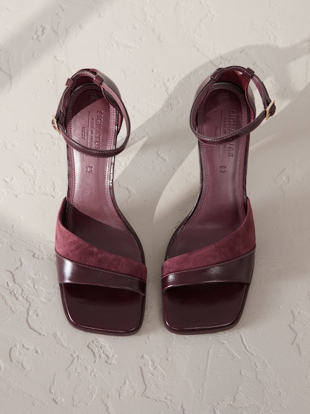Berry Red Signature Premium Leather/Suede Square Toe Heeled Sandals (F22930) | €79