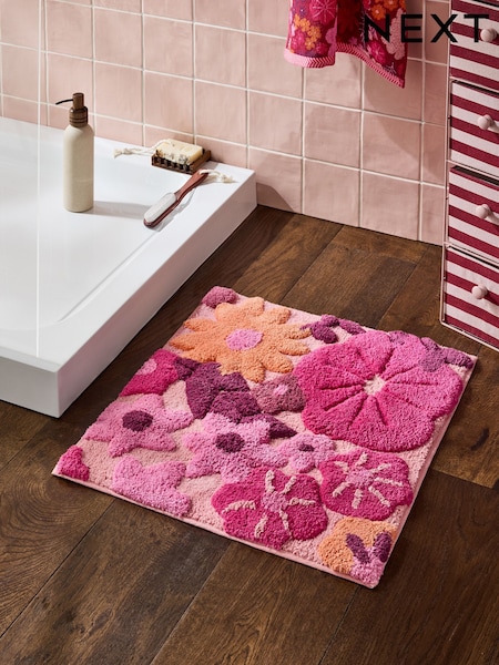 Berry Red Floral Print 100% Cotton Shower Mat (F23084) | €18