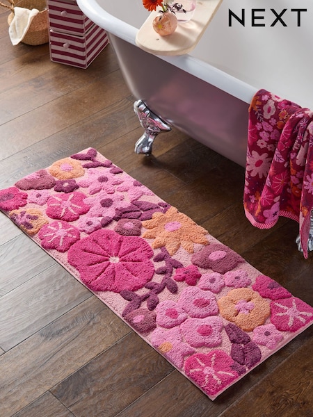Berry Red Floral Print 100% Cotton Runner Bath Mat (F23085) | €34