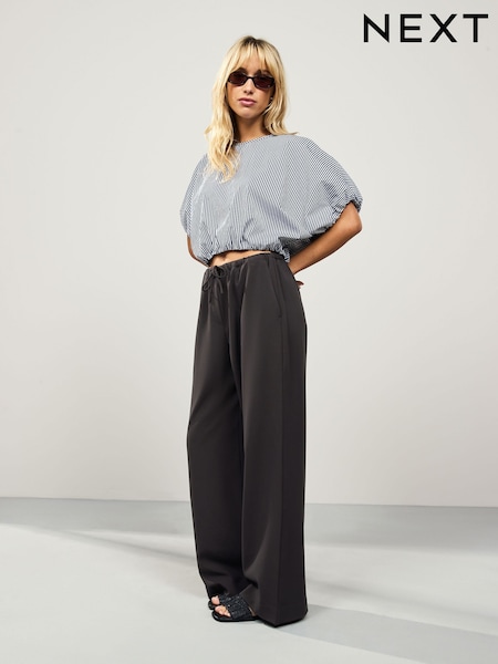 Brown Charcoal Drawstring Waist Tie Front Wide Leg Trousers (F23129) | 1,166 UAH