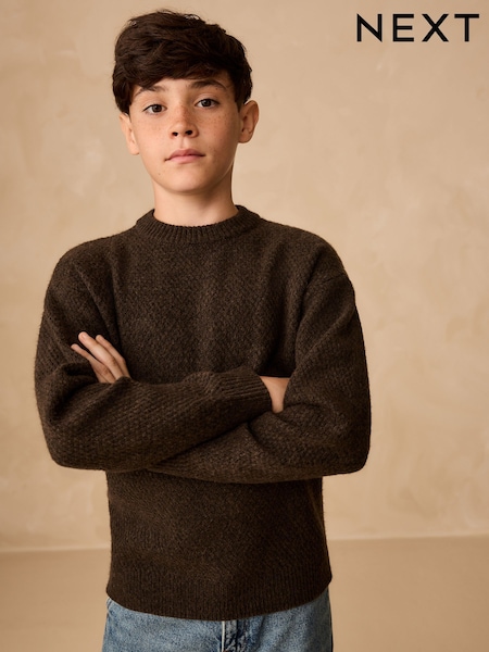 Chocolate Brown Textured Knitted Crew Neck Jumper (3-16yrs) (F23173) | 79 QAR - 104 QAR