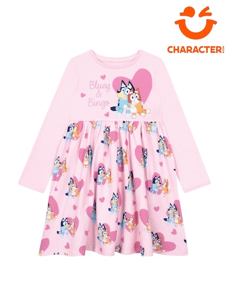 Character Pink Heart Bluey Long Sleeve 100% Cotton Dress (F23176) | €24