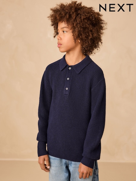 Navy Blue Knitted Button Neck Polo Shirt (3-16yrs) (F23185) | 79 QAR - 104 QAR