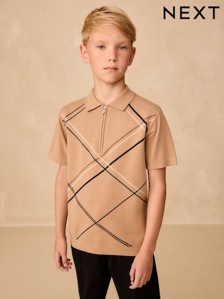 Tan Brown Argyle Knitted Zip Neck Polo Shirt (3-16yrs) (F23192) | 69 QAR - 94 QAR