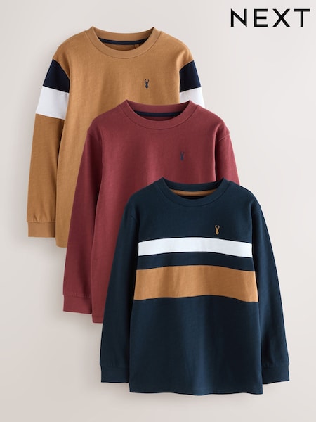 Berry/Tan/Navy Long Sleeve Colourblock T-Shirts 3 Pack (3-16yrs) (F23276) | €29 - €37