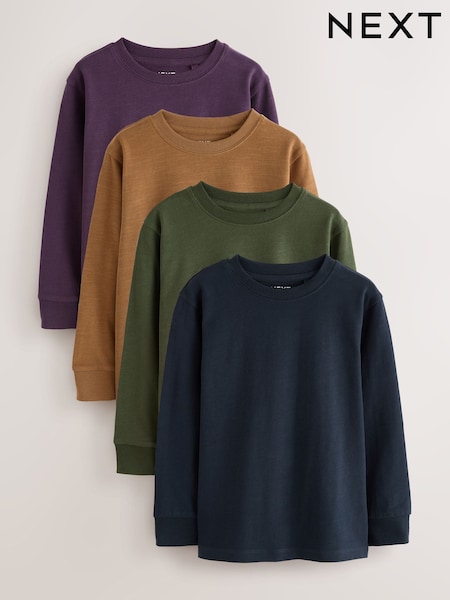 Khaki/Tan/Purple/Navy Plain Long Sleeve Cosy T-Shirts 4 Pack (3-16yrs) (F23277) | 99 QAR - 129 QAR