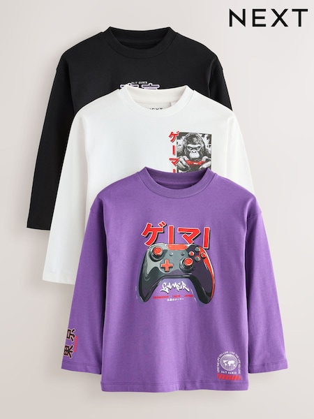 Black/Purple/White Gamer Relaxed Fit Graphic Print Long Sleeve T-Shirts 3 Pack (3-16yrs) (F23281) | €30 - €37