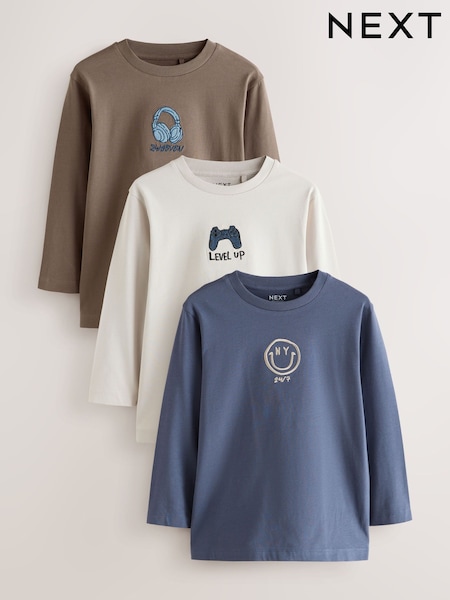 Grey/Blue/Brown Embroidery Graphic Long Sleeve T-Shirts 3 Pack (3-16yrs) (F23282) | €33 - €42