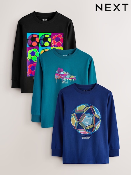 Blue/Teal/Black Football Relaxed Fit Graphic Print Long Sleeve T-Shirts 3 Pack (3-16yrs) (F23283) | €36 - €45