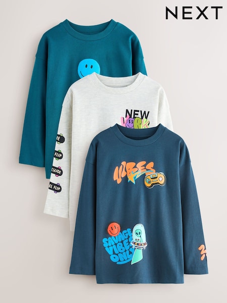 Teal/Blue/Grey Bright Graffiti Relaxed Fit Graphic Print Long Sleeve T-Shirts 3 Pack (3-16yrs) (F23284) | 109 QAR - 139 QAR