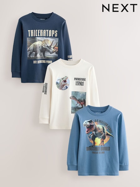 Navy/Blue/Ecru Dino Graphic Long Sleeve T-Shirts 3 Pack (3-16yrs) (F23285) | AED142 - AED173
