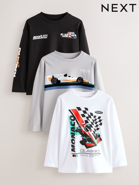 Black/White/Grey Cars Relaxed Fit Graphic Print Long Sleeve T-Shirts 3 Pack (3-16yrs) (F23294) | 104 QAR - 134 QAR
