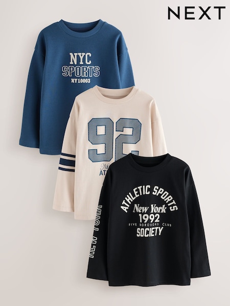 Blue/Black/Stone Varsity Embroidery Relaxed Fit Graphic Print Long Sleeve T-Shirts 3 Pack (3-16yrs) (F23295) | 109 QAR - 139 QAR