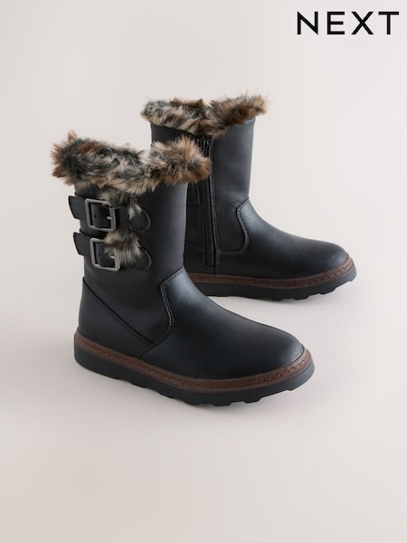 Black Wide Fit (G) Faux Fur Lined Buckle Boots (F23337) | AED173 - AED208