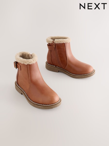 Tan Brown Leather Warm Lined Ankle Boots (F23342) | AED203 - AED239