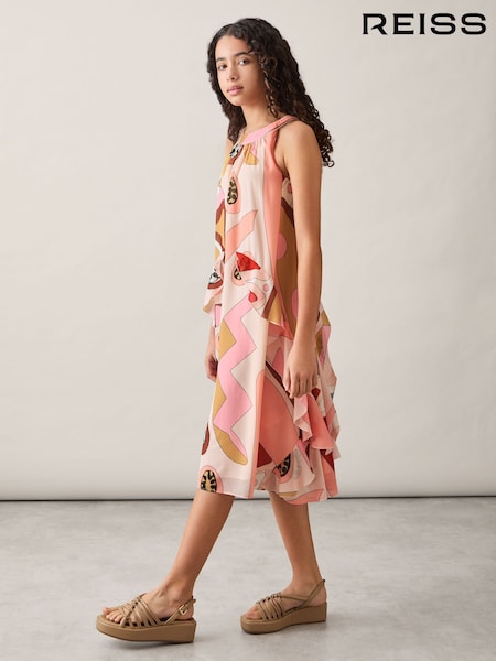 Reiss Pink Sasha 4-9 yrs Printed Ruffle-Trim Dress (F23379) | 515 QAR