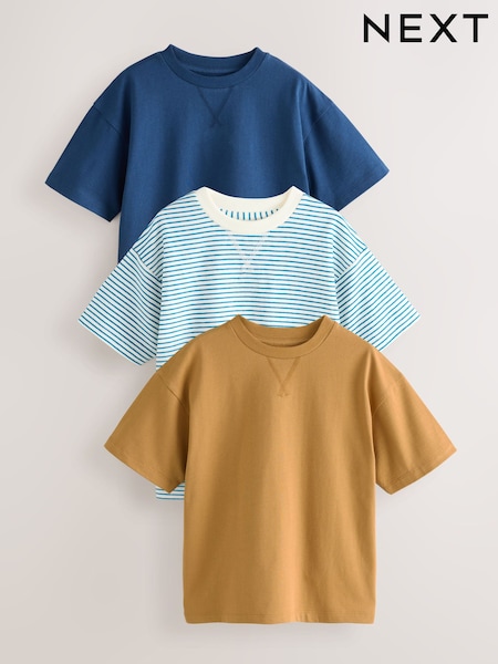 Blue/Tan/Stripe Relaxed Fit Short Sleeve T-Shirts 3 Pack (3-16yrs) (F23635) | R$ 195 - R$ 255
