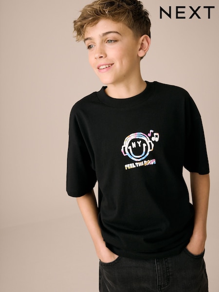 Black Smile Headphones Relaxed Fit Short Sleeve Graphic Print T-Shirt (3-16yrs) (F23921) | € 10 - € 14