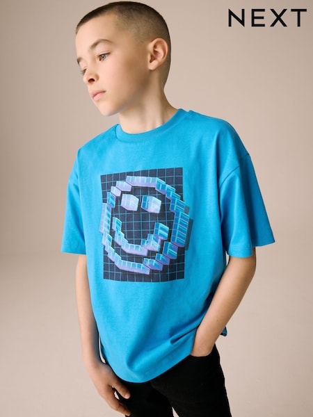 Cobalt Blue Pixel Smile Relaxed Fit Short Sleeve Graphic Print T-Shirt (3-16yrs) (F23946) | €10 - €14