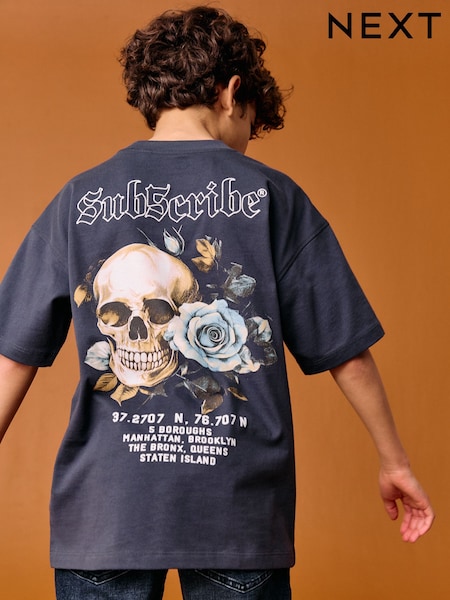 Blue Skull Back Print Relaxed Fit Short Sleeve Graphic Print T-Shirt (3-16yrs) (F23970) | 49 QAR - 64 QAR