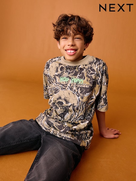 Khaki Green Skull Relaxed Fit Short Sleeve All-Over Print 100% Cotton T-Shirt (3-16yrs) (F23978) | 49 QAR - 64 QAR
