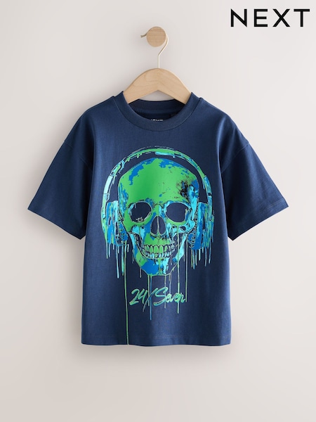 Blue Skull Headphones Relaxed Fit Short Sleeve Graphic Print T-Shirt (3-16yrs) (F23983) | 40 QAR - 54 QAR
