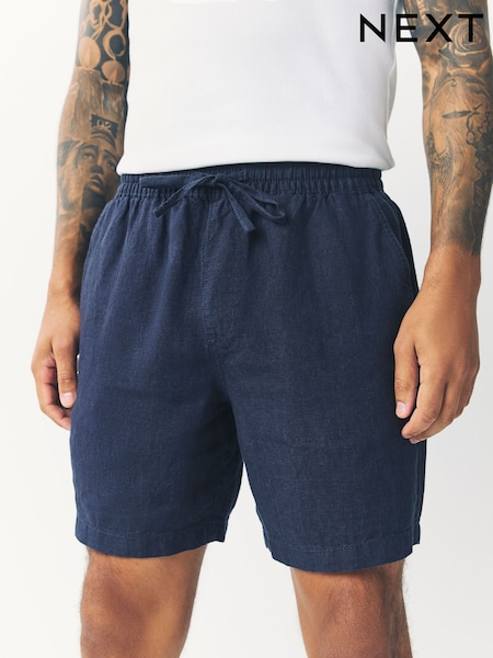 Marinha - 100% Linen Drawstring Waist Shorts (F23988) | R$ 325