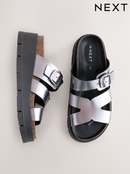 Pewter Forever Comfort® Leather Strap Buckle Detail Sandals (F24037) | €70.50