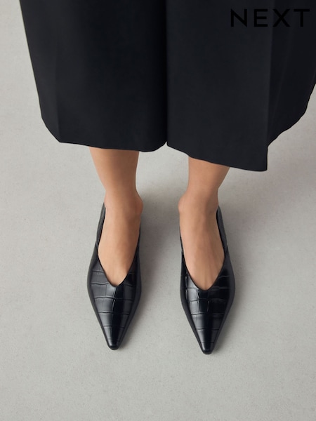 Black Croc Effect Forever Comfort® Premium Leather Pointed Toe Ballerinas (F24219) | AZN 100
