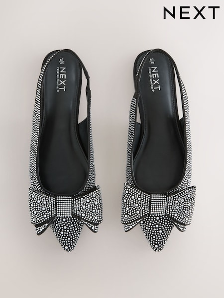 Črni z bleščicami - Forever Comfort® Point Toe Bow Slingback Flat Shoes (F24243) | € 43