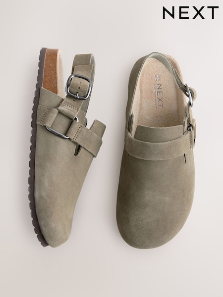 Khaki Green Forever Comfort® Leather Slingback Footbed Clogs (F24353) | R$ 365