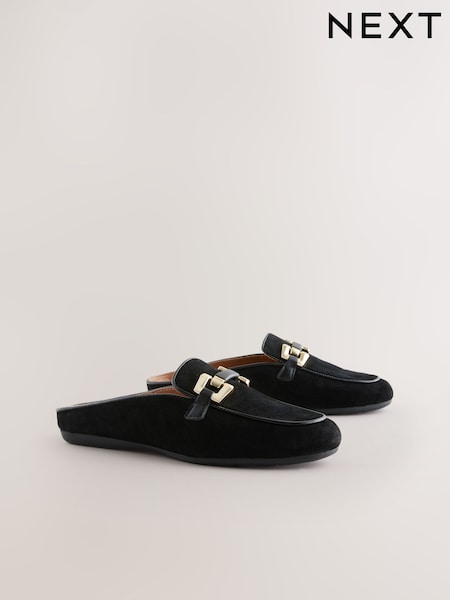 Black Forever Comfort® Leather Hardware Trim Detail Loafer Mules (F24357) | R$ 385