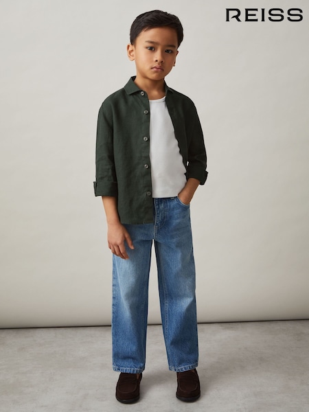 Reiss Dark Green Ruban Linen Long-Sleeve Shirt (F24381) | AED274