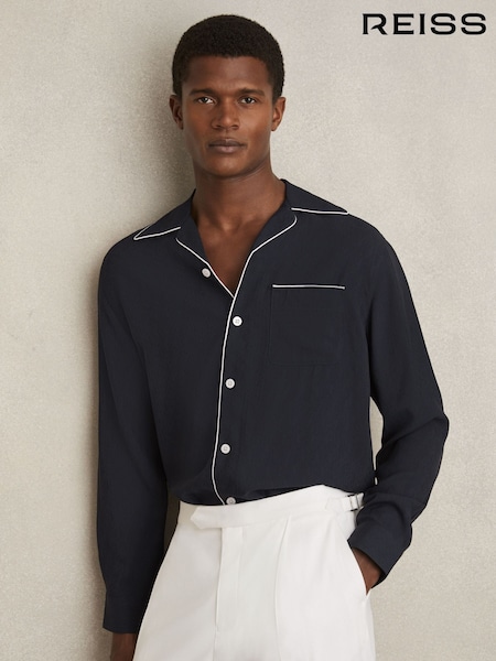 Reiss Navy Josh Cuban Collar Shirt with Piping Detail Shirt (F24388) | €189
