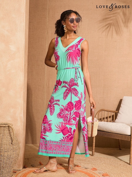 Aqua Blue and Pink Tropical Print - Love & Roses V-Neck Jersey Midi Dress (F24402) | 313 LEI