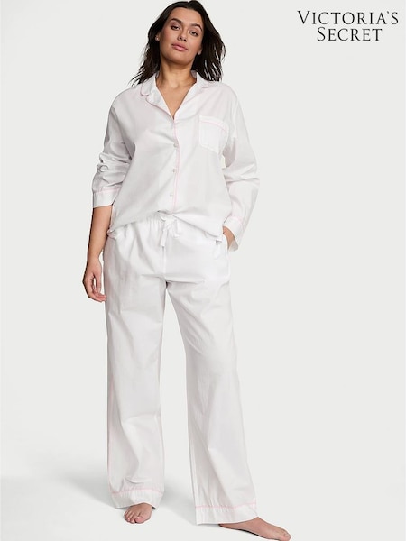 Victoria's Secret White With Pink Piping Cotton Long Pyjama Set (F24429) | €56