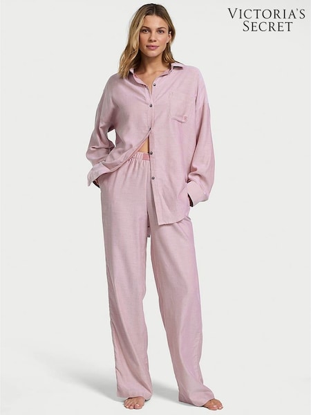 Victoria's Secret Rose Pink Herringbone Cotton Modal Long Pyjama Set (F24432) | €68