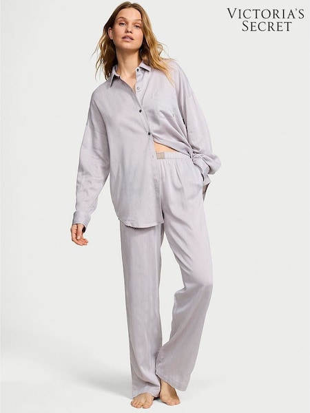 Victoria's Secret Dove Grey Herringbone Cotton Modal Long Pyjama Set (F24434) | €68