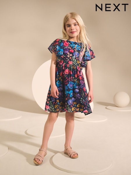 Navy Blue Ditsy Angel Sleeve Embellished Dress (3-16yrs) (F24606) | €32 - €40