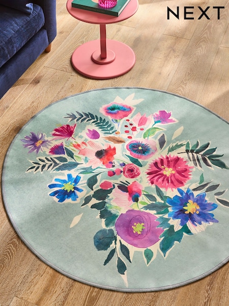 Teal Blue Washable Bold Floral Circular Rug (F24693) | €39 - €79
