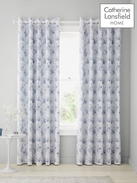 Catherine Lansfield Blue Lucie Floral Frill Reversible Eyelet Curtains (F24749) | €79
