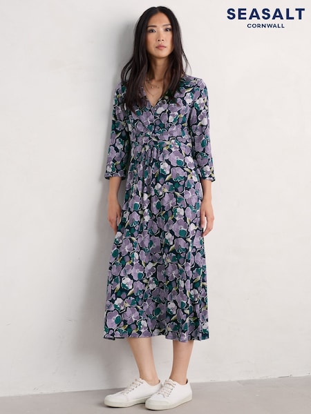 Seasalt Cornwall Purple Petite Chapelle 3/4 Sleeve 100% Organic Cotton Jersey Dress (F24804) | AED204
